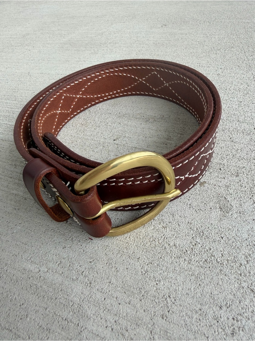 Vintage Krasnes Genuine Leather Belt Solid Brass Buckle Brown Stitched Size 34